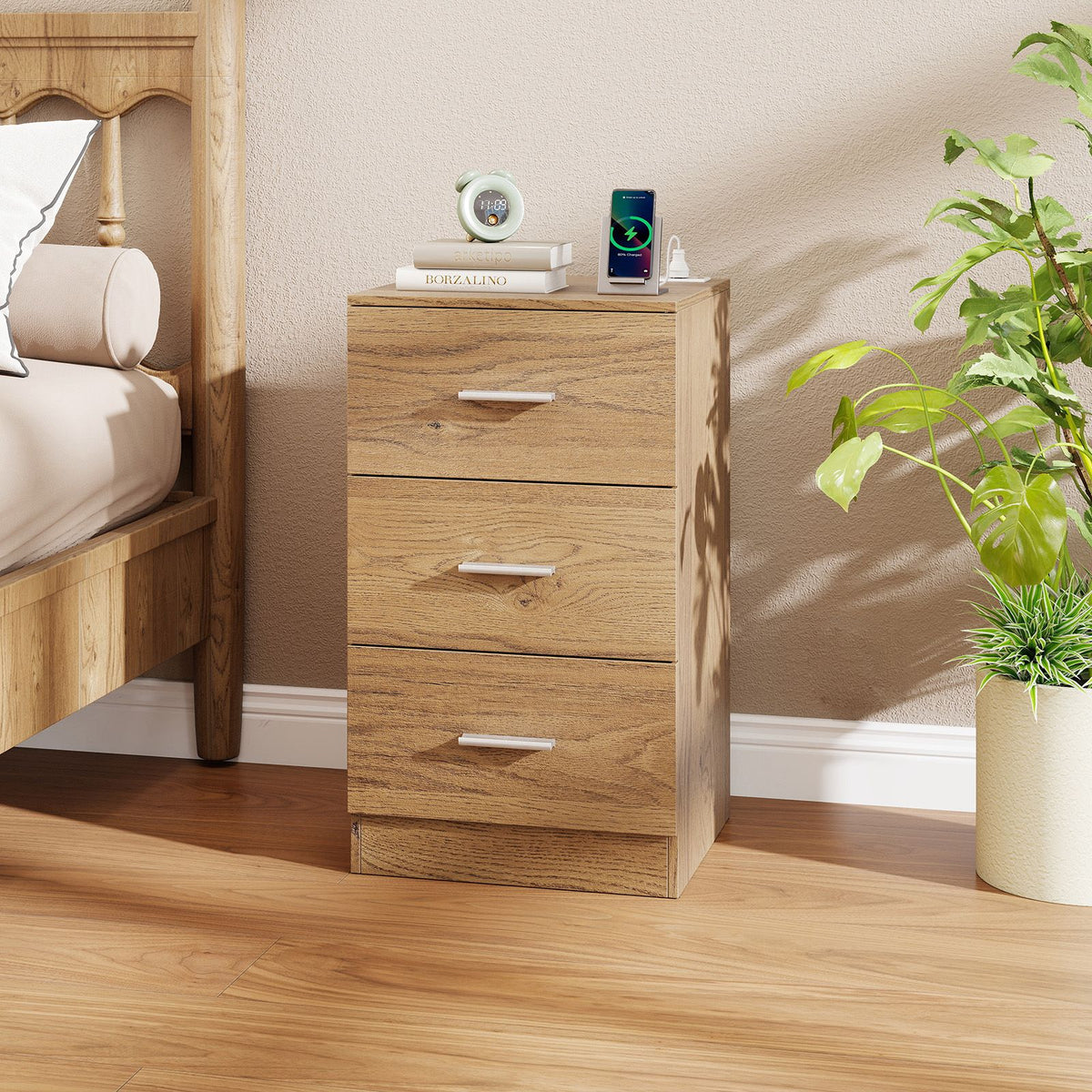 Nightstand with Charging Station End Table with 3 Storage Drawers Bedside Table for
