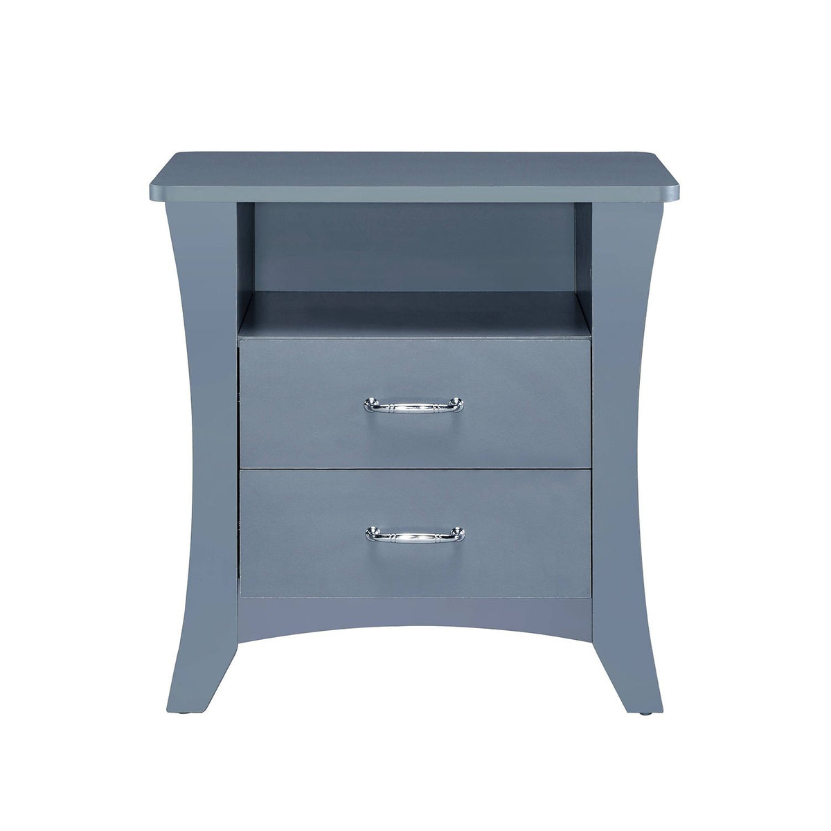 Gray Nightstand with Open Shelf and Two Drawers