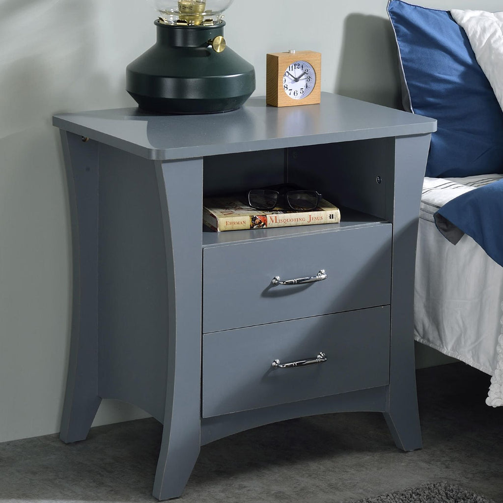Gray Nightstand with Open Shelf and Two Drawers