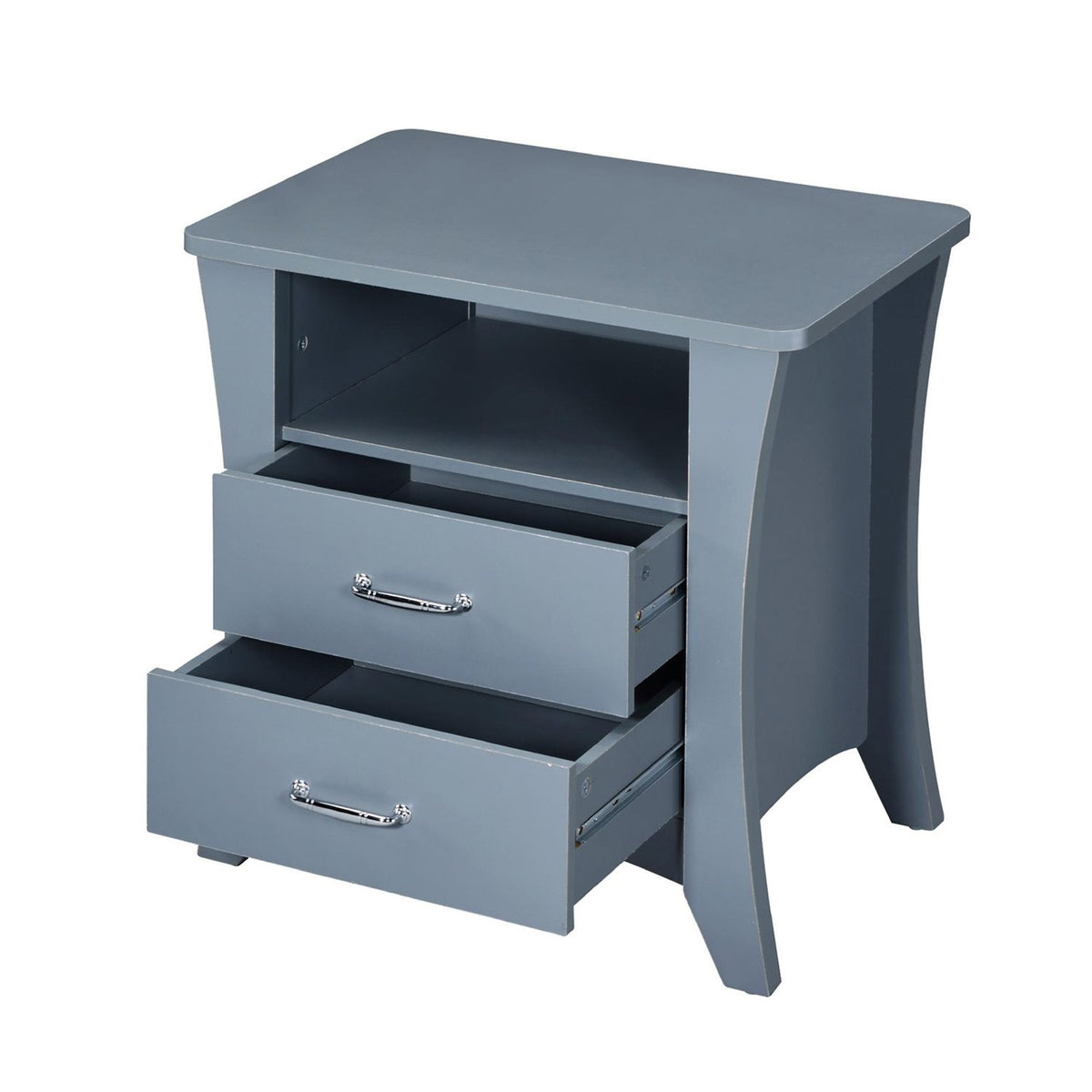 Gray Nightstand with Open Shelf and Two Drawers