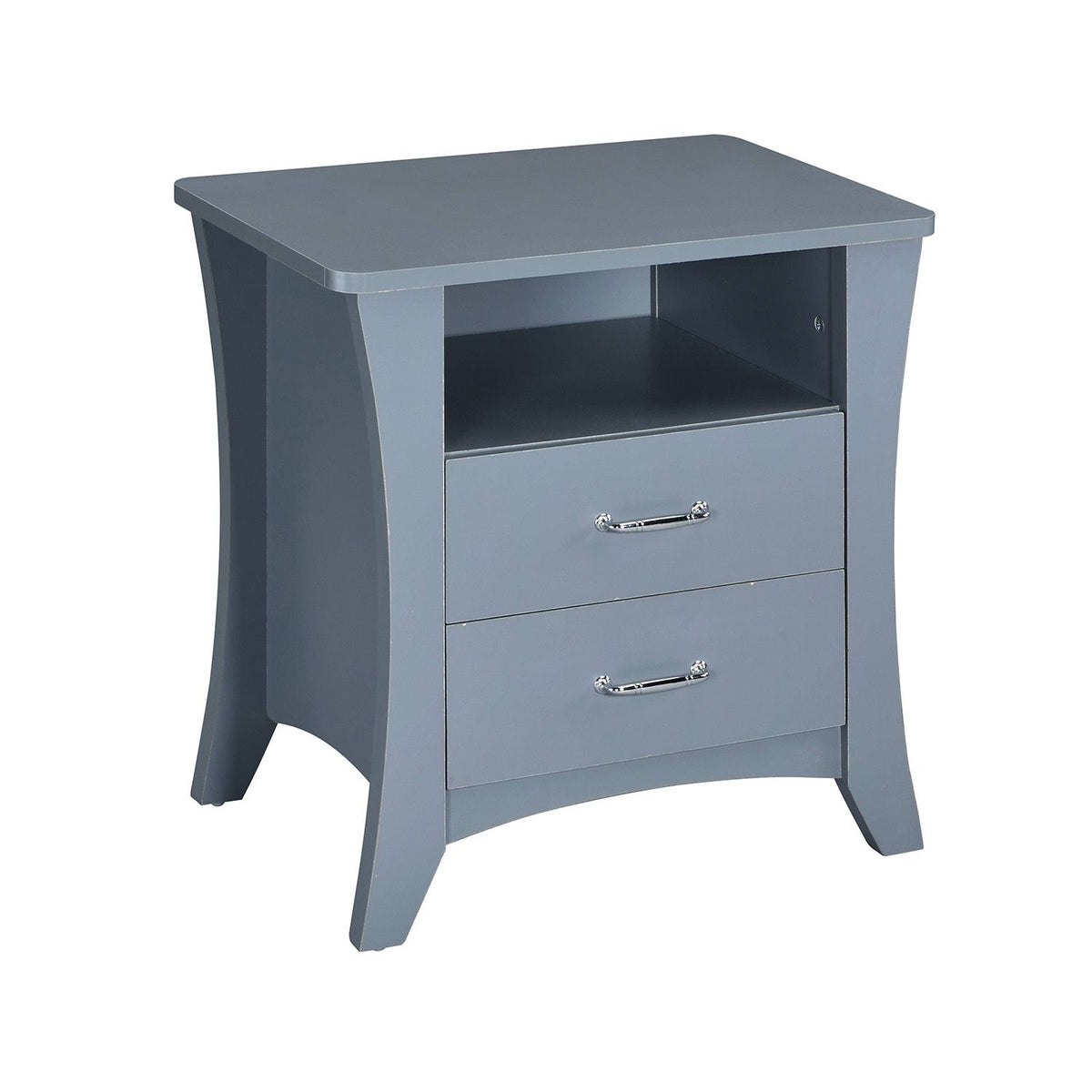 Gray Nightstand with Open Shelf and Two Drawers