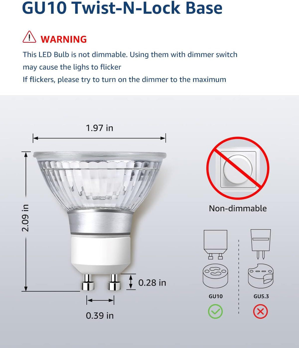 Non-Dimmable GU10 LED Light Bulbs, 5000K Daylight White GU10 Bulb Replacement for Recessed Track Lig