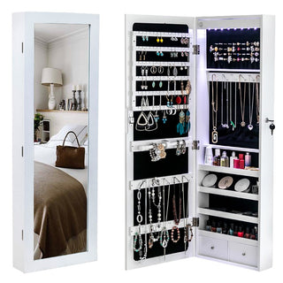 Jewelry Storage Mirror Cabinet with LED Lights, Drawers, and Locking Door