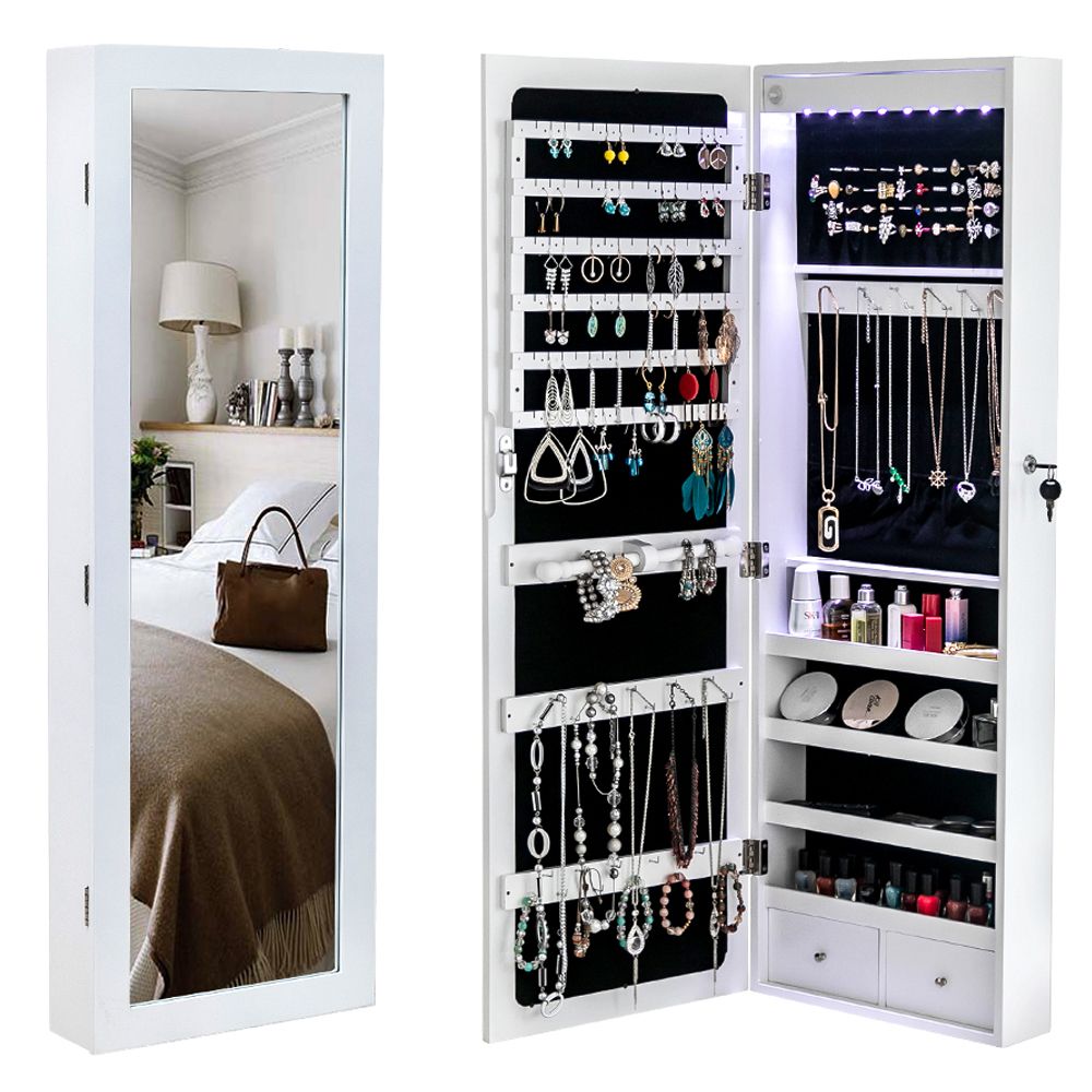 Jewelry Storage Mirror Cabinet with LED Lights, Drawers, and Locking Door