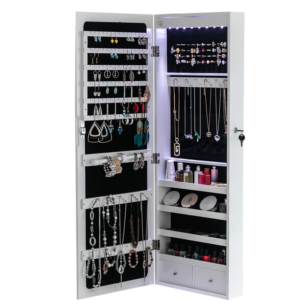 Jewelry Storage Mirror Cabinet with LED Lights, Drawers, and Locking Door
