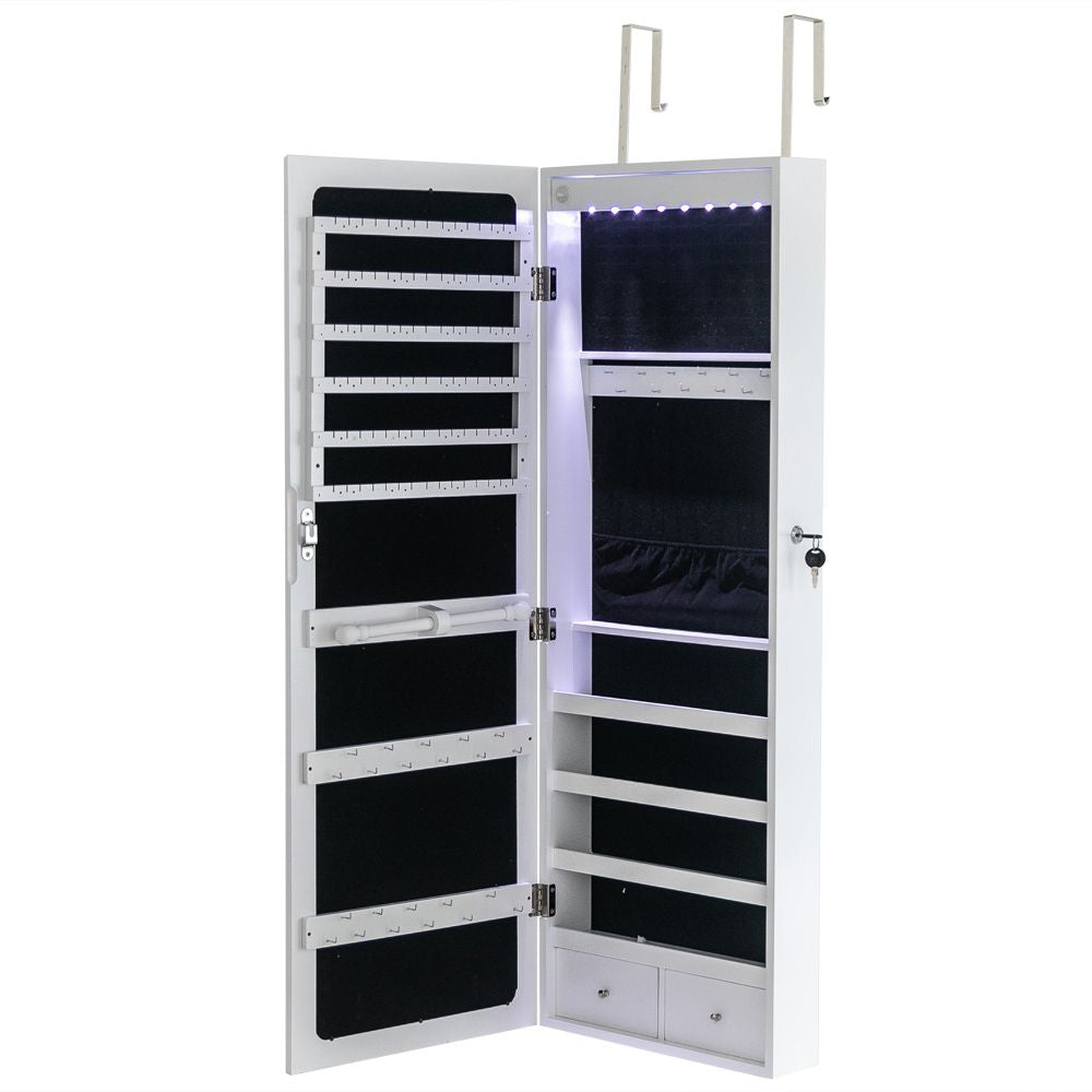 Jewelry Storage Mirror Cabinet with LED Lights, Drawers, and Locking Door