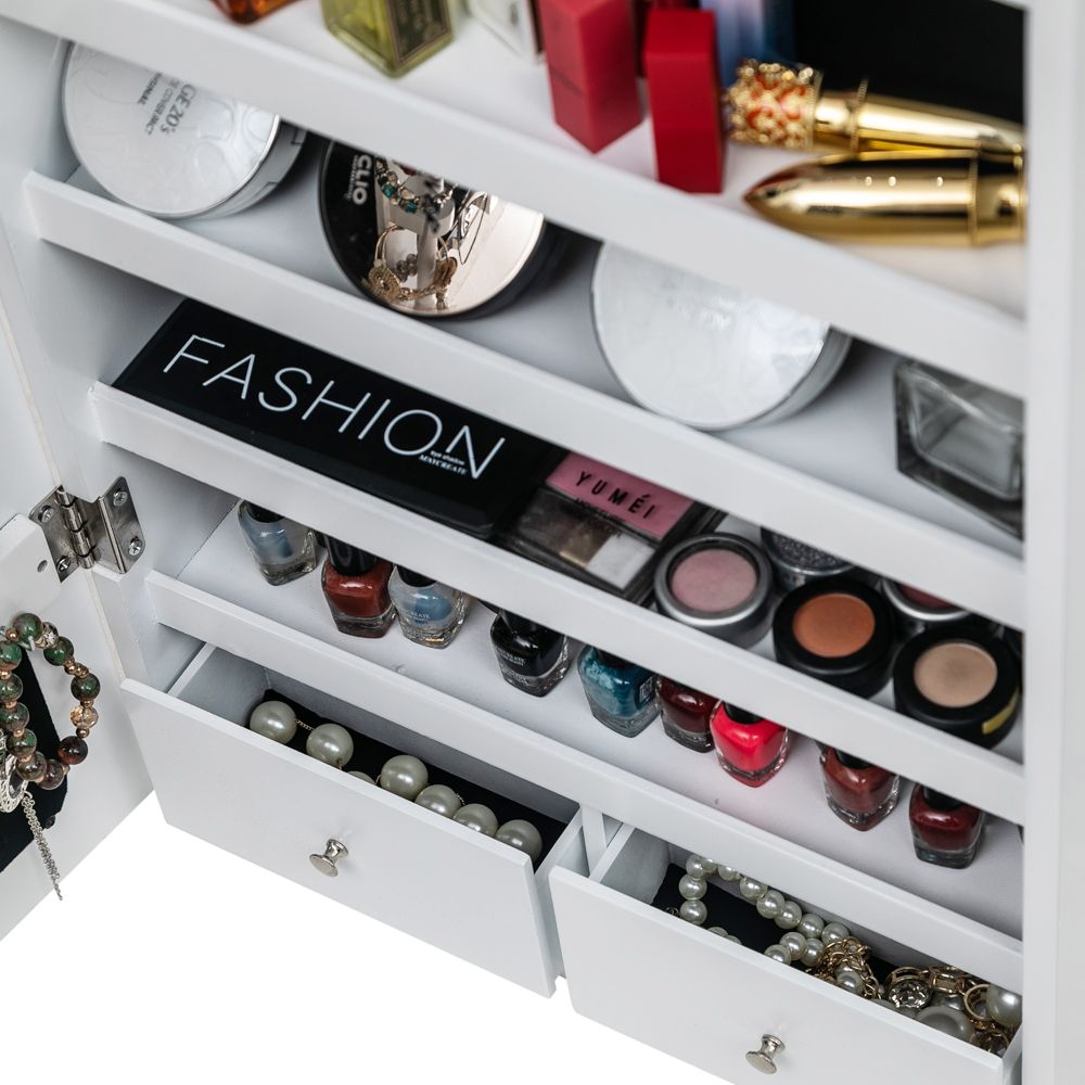 Jewelry Storage Mirror Cabinet with LED Lights, Drawers, and Locking Door