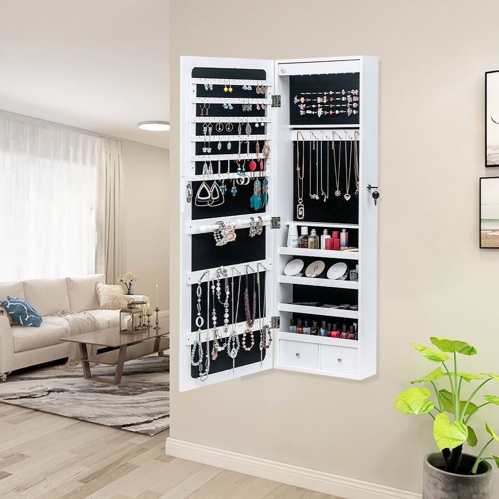 Jewelry Storage Mirror Cabinet with LED Lights, Drawers, and Locking Door