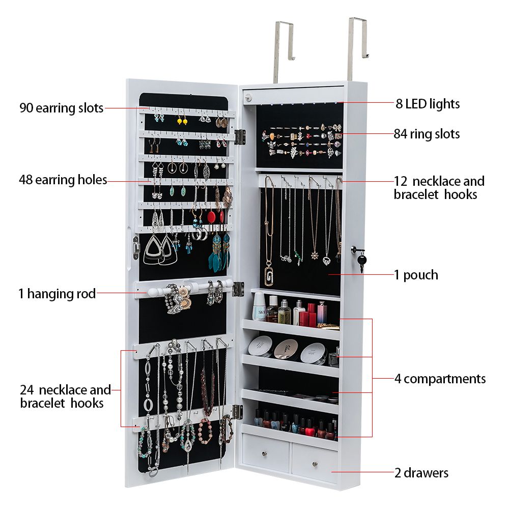 Jewelry Storage Mirror Cabinet with LED Lights, Drawers, and Locking Door