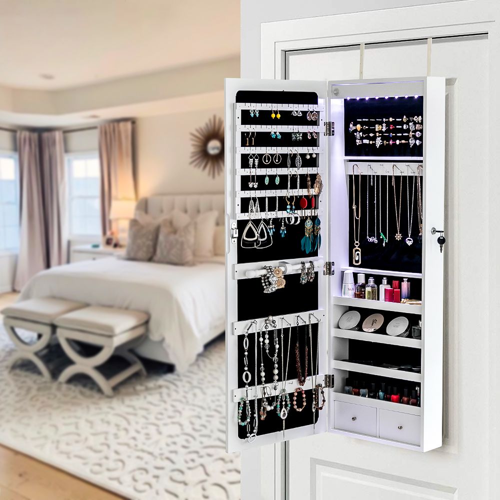 Jewelry Storage Mirror Cabinet with LED Lights, Drawers, and Locking Door