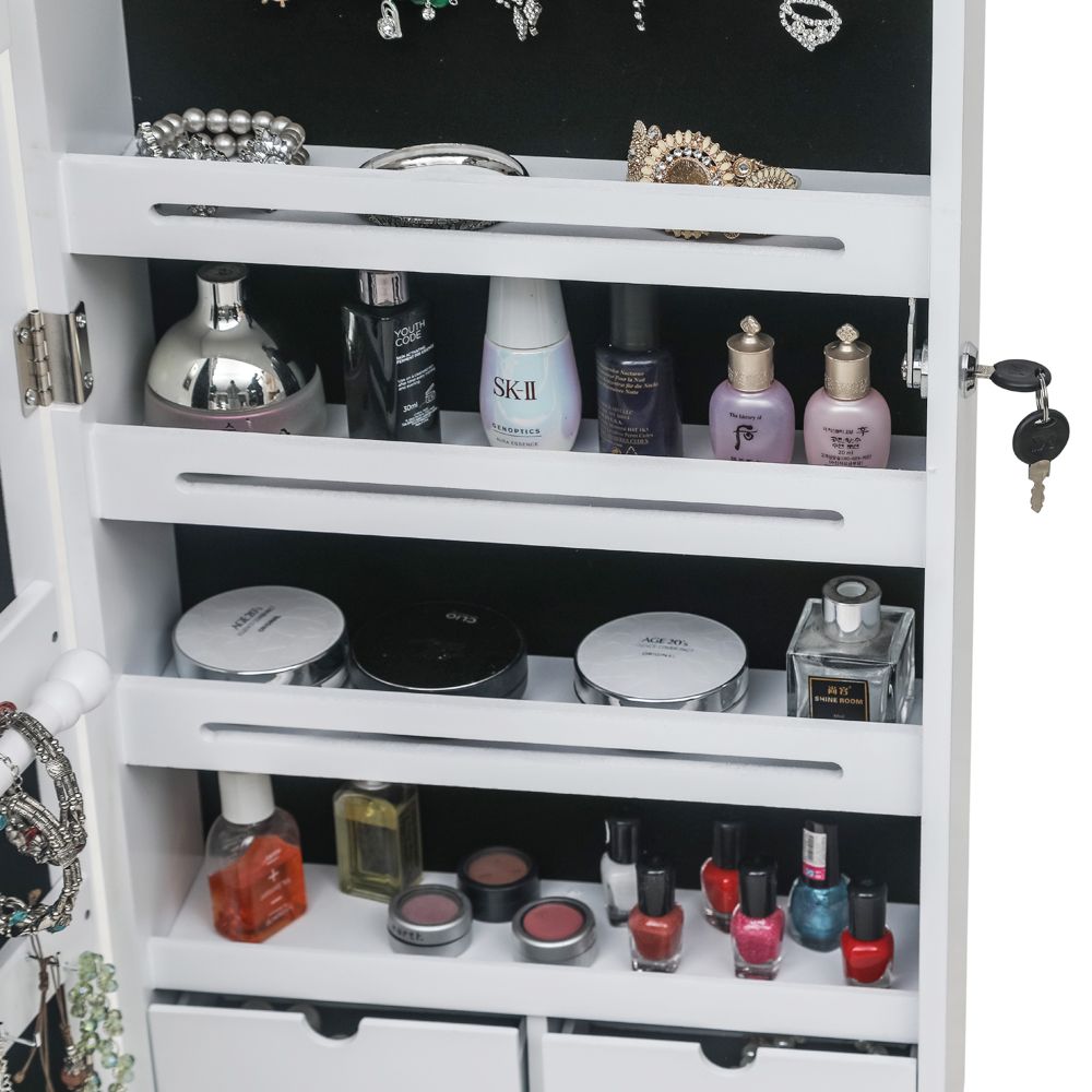 Wall or Door Mounted Jewelry Cabinet with Mirror and LED Lights