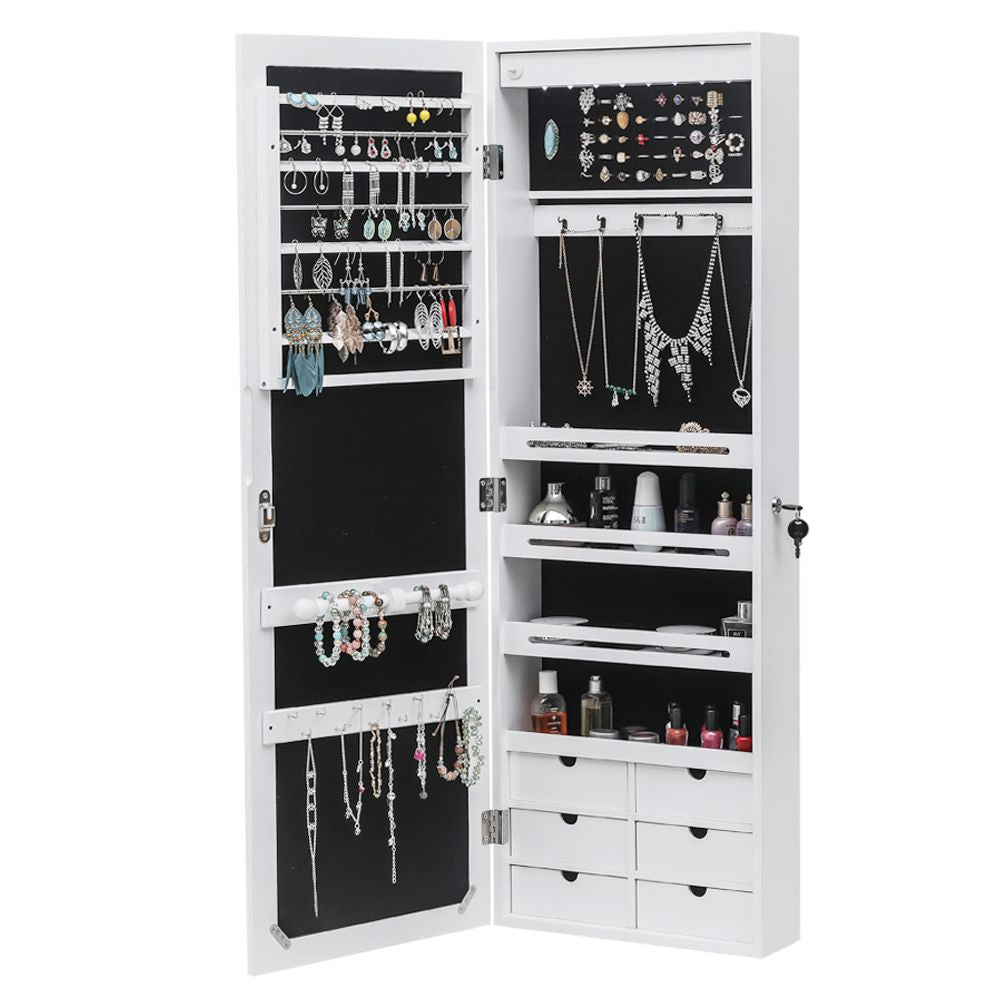 Wall or Door Mounted Jewelry Cabinet with Mirror and LED Lights