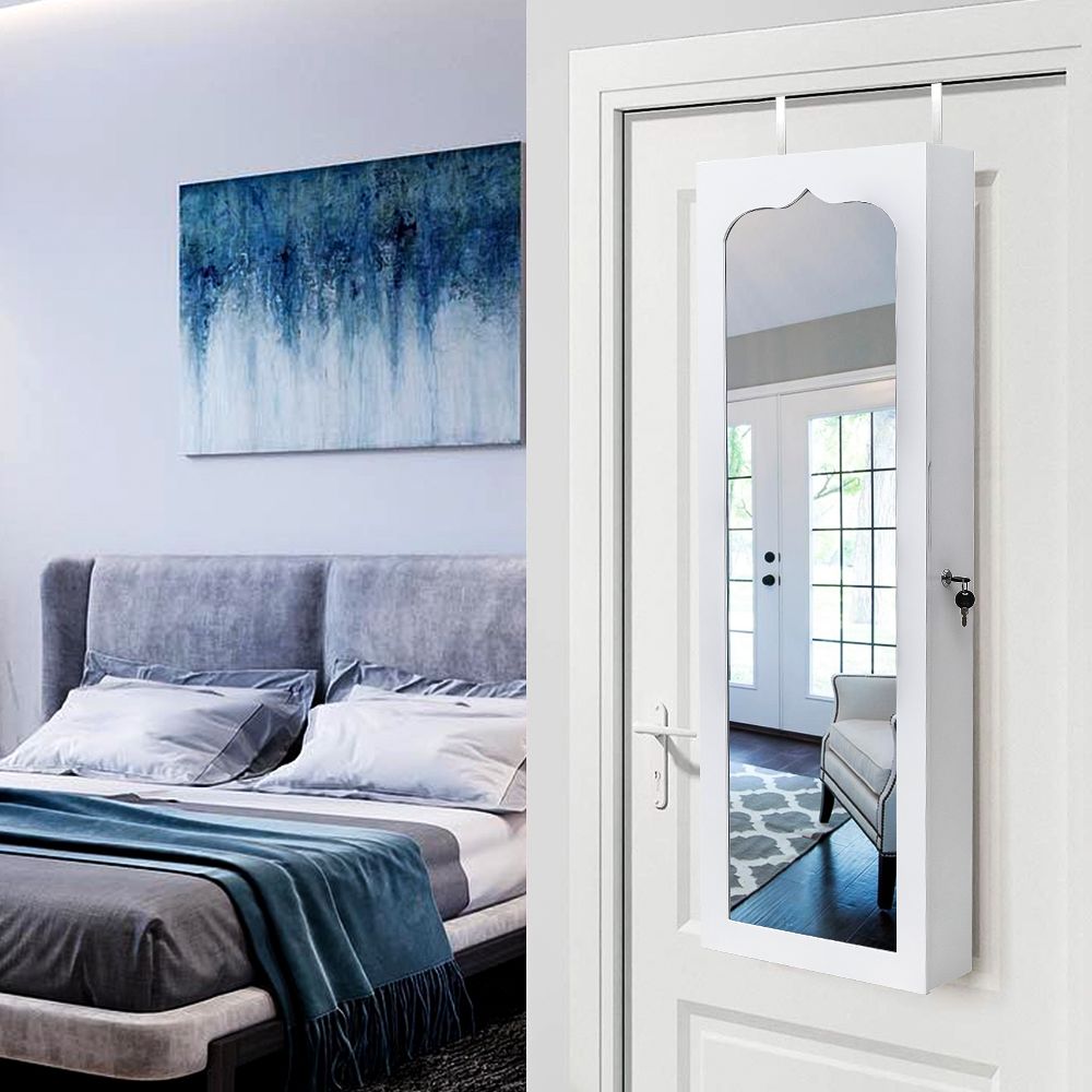 Wall or Door Mounted Jewelry Cabinet with Mirror and LED Lights
