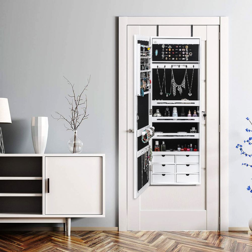 Wall or Door Mounted Jewelry Cabinet with Mirror and LED Lights