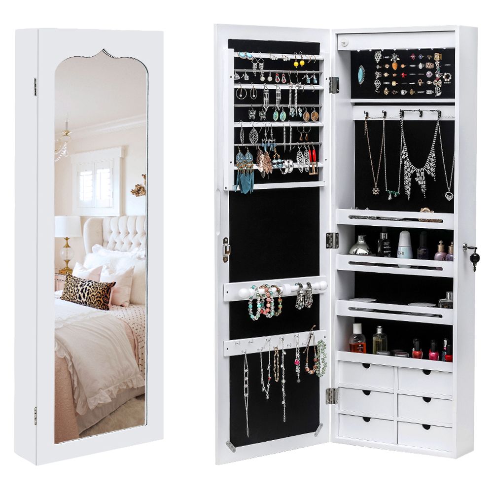 Wall or Door Mounted Jewelry Cabinet with Mirror and LED Lights