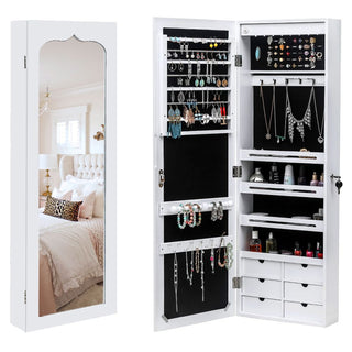 Wall or Door Mounted Jewelry Cabinet with Mirror and LED Lights