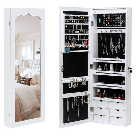 Wall or Door Mounted Jewelry Cabinet with Mirror and LED Lights