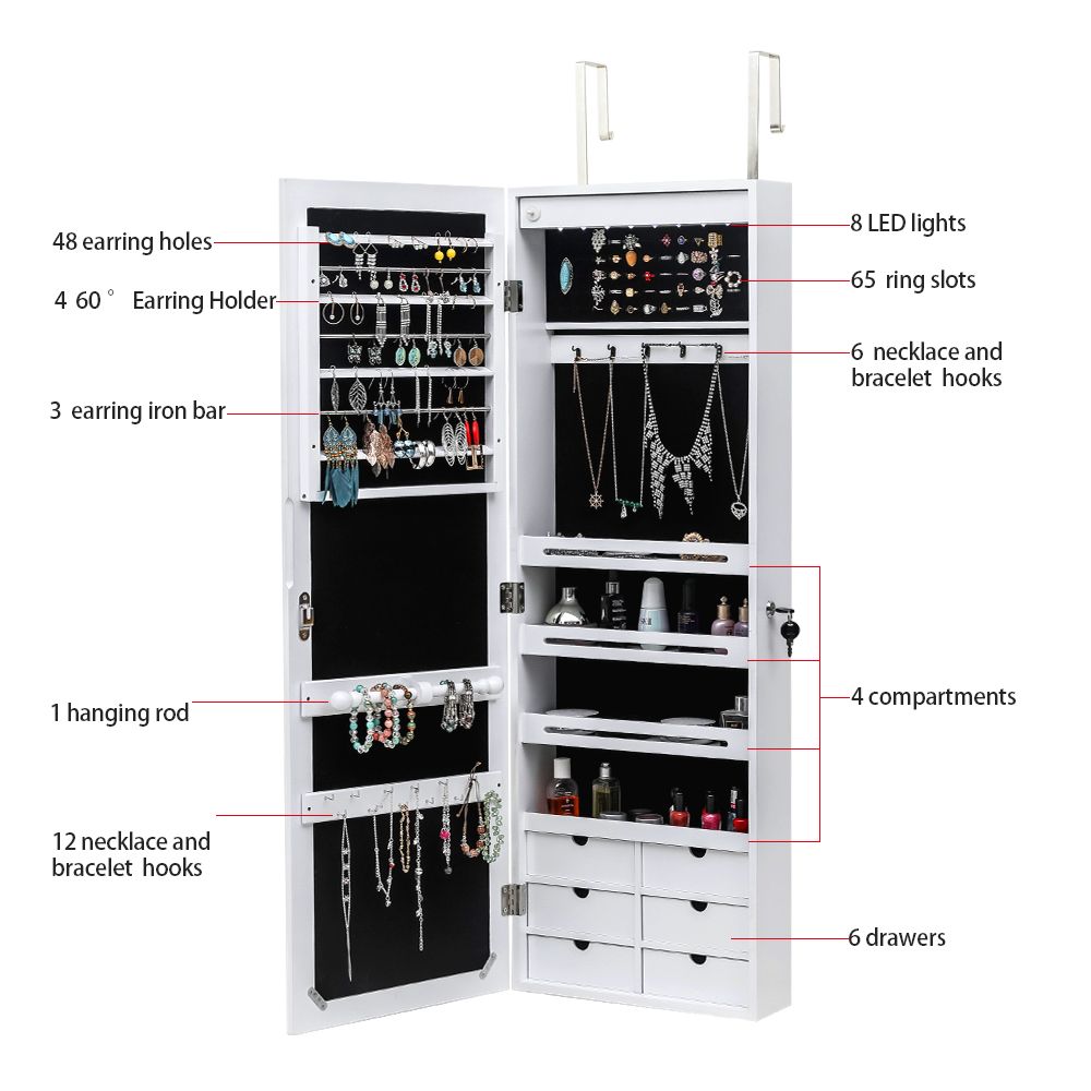 Wall or Door Mounted Jewelry Cabinet with Mirror and LED Lights