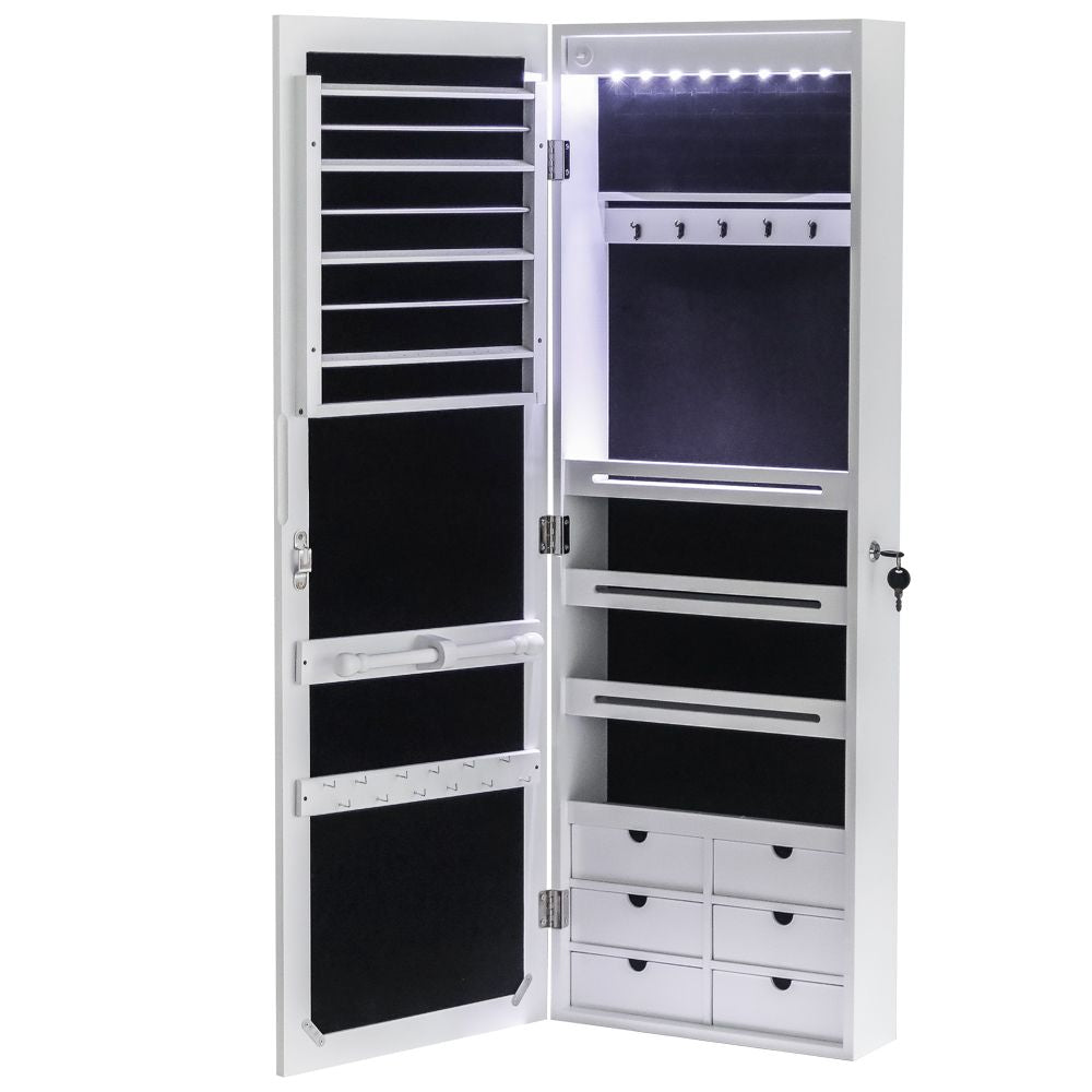 Wall or Door Mounted Jewelry Cabinet with Mirror and LED Lights