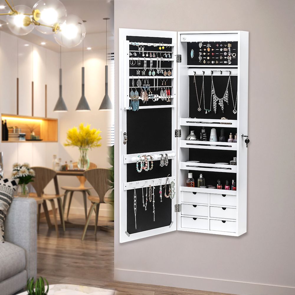 Wall or Door Mounted Jewelry Cabinet with Mirror and LED Lights