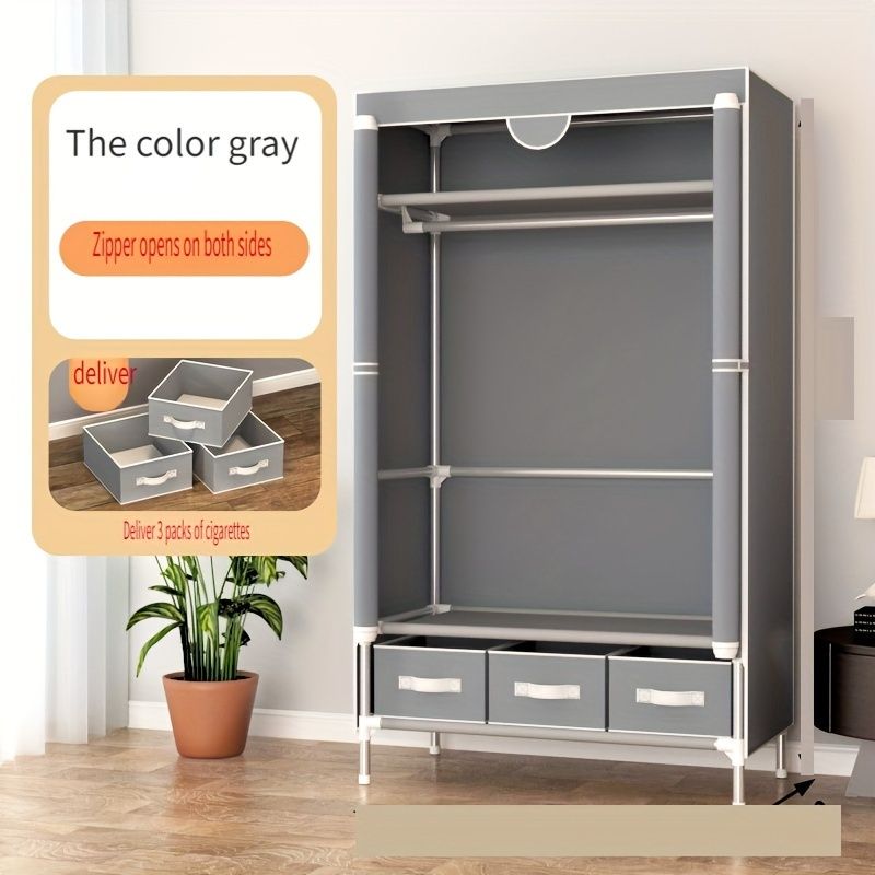 Portable Wardrobe with Hanging Rod and Three Drawers