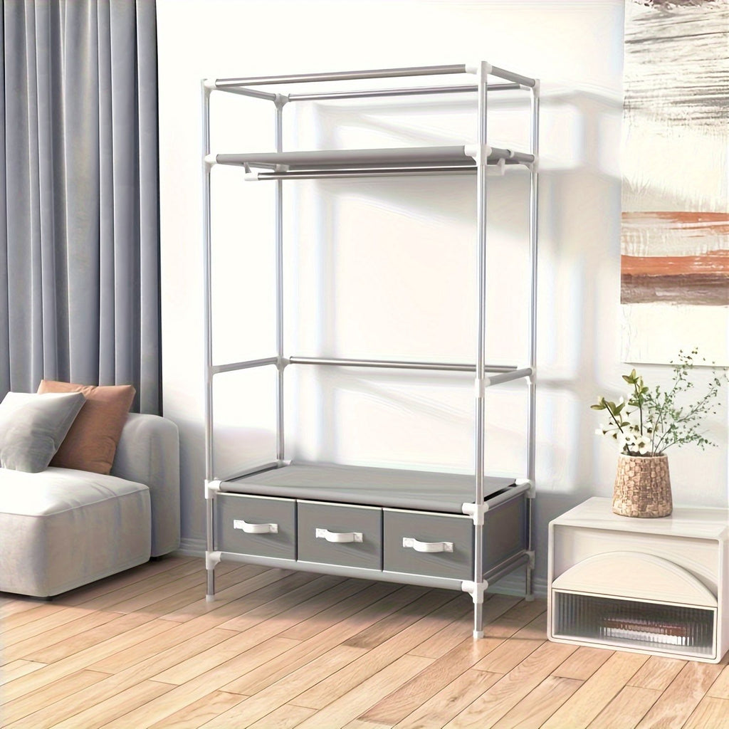 Portable Wardrobe with Hanging Rod and Three Drawers