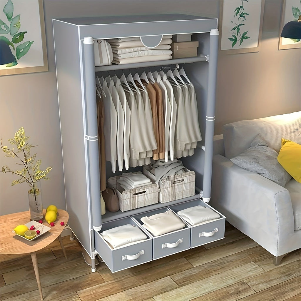 Portable Wardrobe with Hanging Rod and Three Drawers