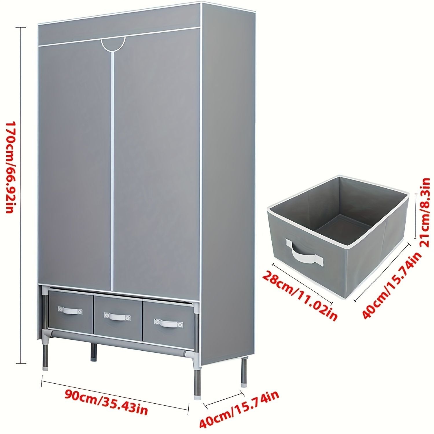 Portable Wardrobe with Hanging Rod and Three Drawers