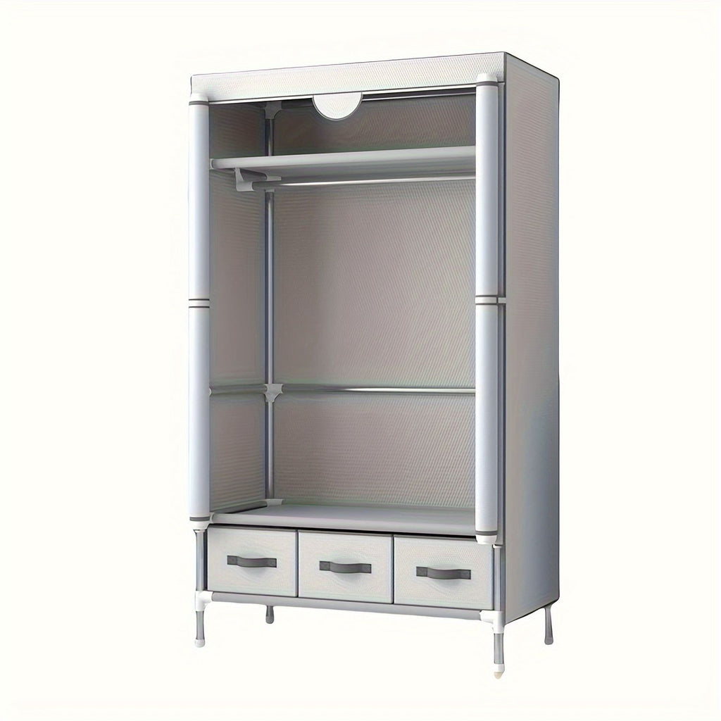Portable Wardrobe with Hanging Rod and Three Drawers
