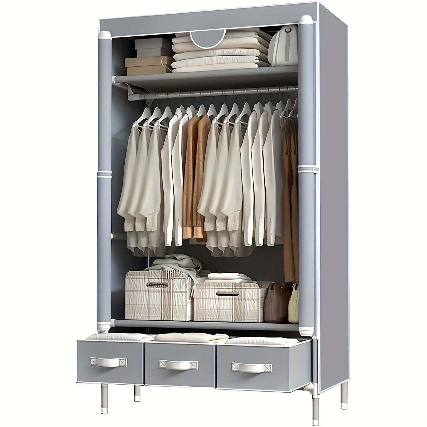 Portable Wardrobe with Hanging Rod and Three Drawers