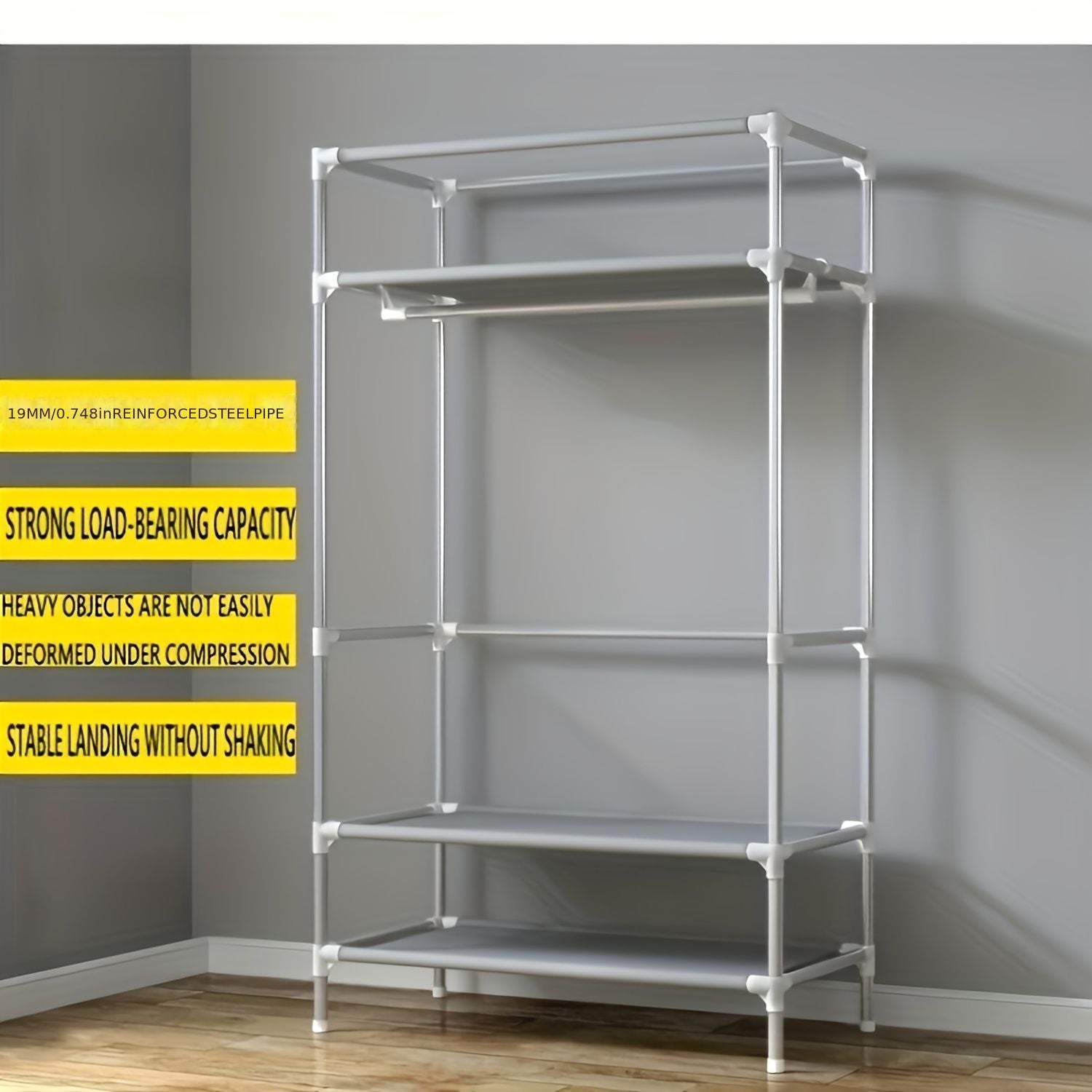 Portable Wardrobe with Hanging Rod and Three Drawers