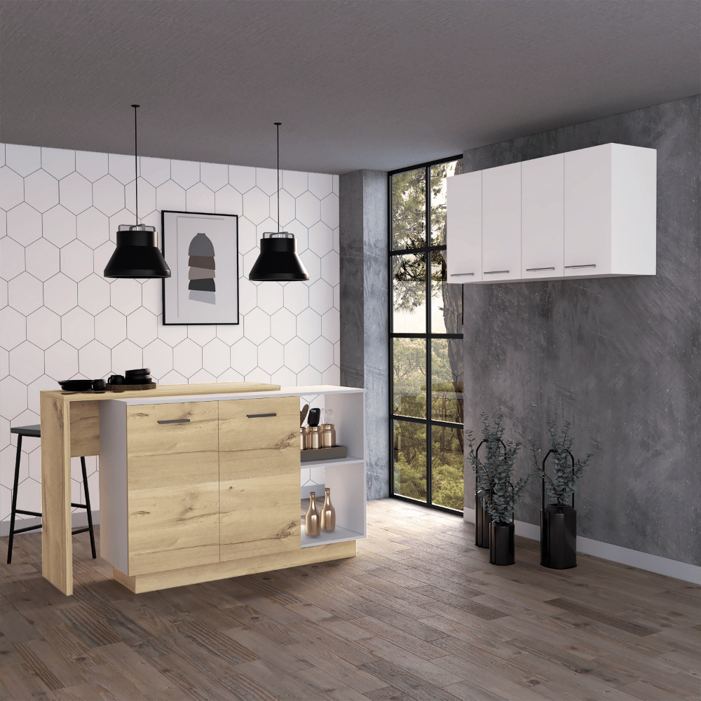 Norwalk 2-Piece Kitchen Set with Island and Wall Cabinet in White/Light Oak