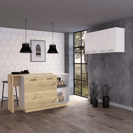 Norwalk 2-Piece Kitchen Set with Island and Wall Cabinet in White/Light Oak