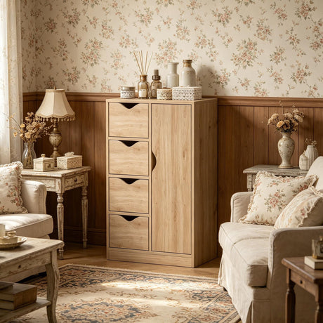 Oak Freestanding Storage Cabinet Bathroom Floor Cabinet with 4 Drawers And Door for