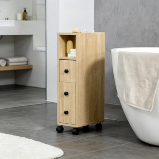 Compact Oak Bathroom Cabinet with 2 Open Shelves, Door, Drawer & Rolling Wheels