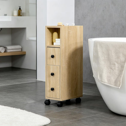 Compact Oak Bathroom Cabinet with 2 Open Shelves, Door, Drawer & Rolling Wheels