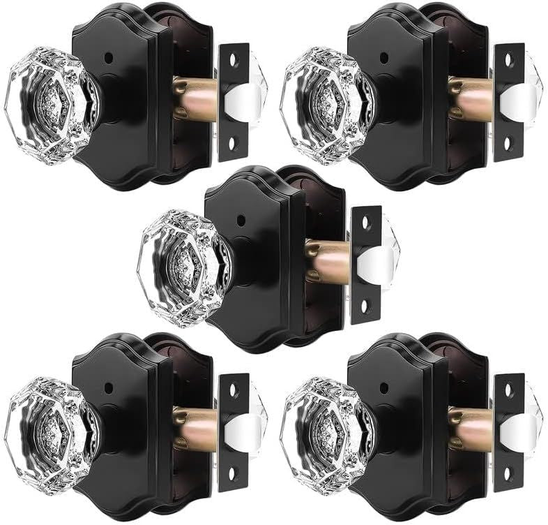 Octagonal Crystal Door Knobs 5 Pack – Interior Privacy Handles with Pin Lock