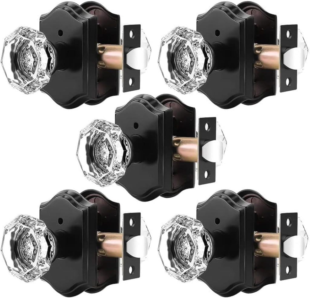 Octagonal Crystal Door Knobs 5 Pack – Interior Privacy Handles with Pin Lock
