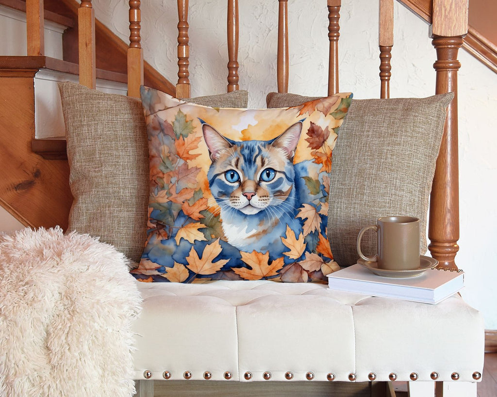Ojos Azules Cat in Fall Leaves Halloween Throw Pillow