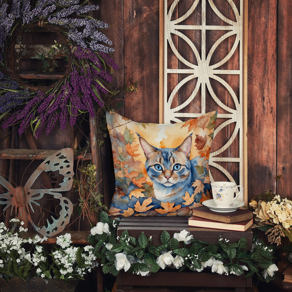 Ojos Azules Cat in Fall Leaves Halloween Throw Pillow