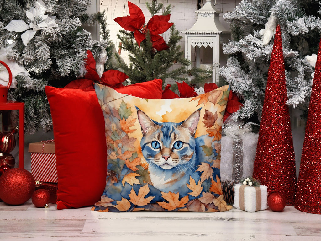 Ojos Azules Cat in Fall Leaves Halloween Throw Pillow