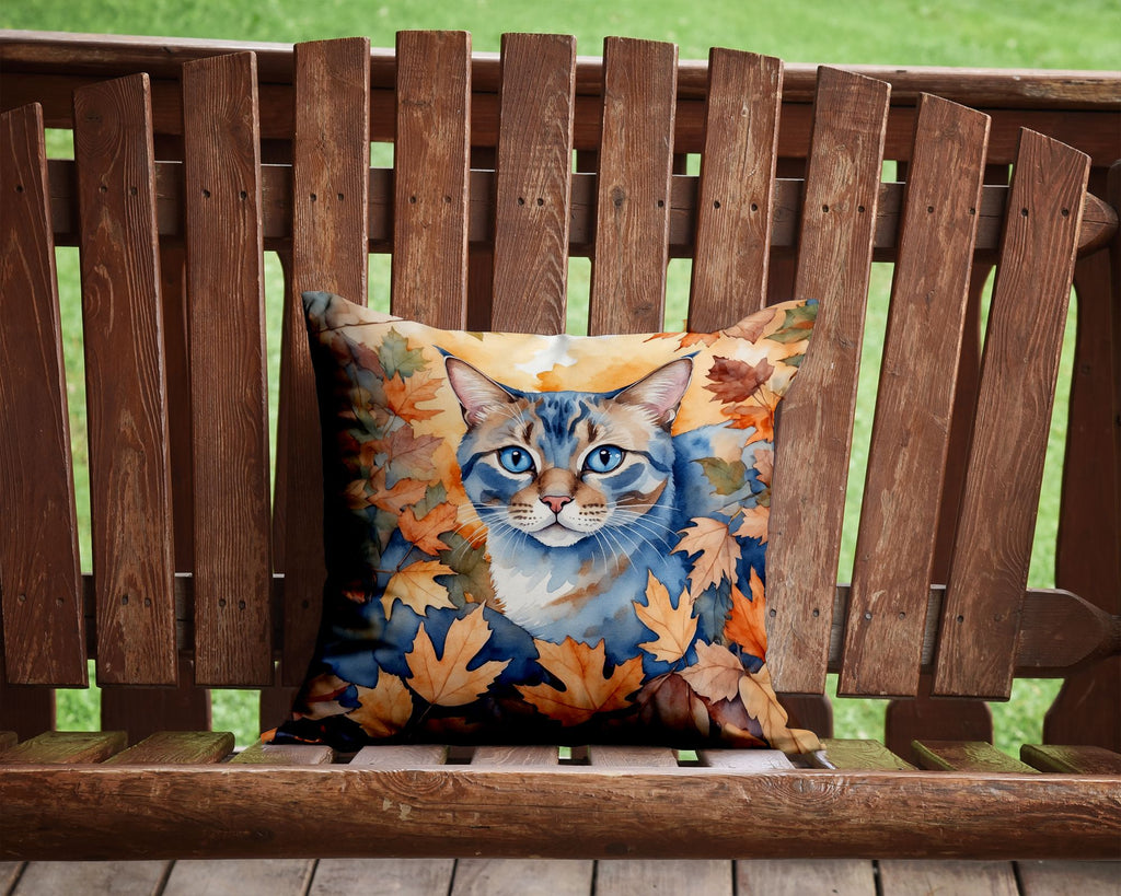 Ojos Azules Cat in Fall Leaves Halloween Throw Pillow