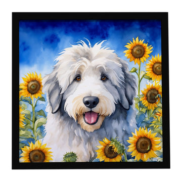 Sheepdog in Sunflowers Metal Print Wall Art