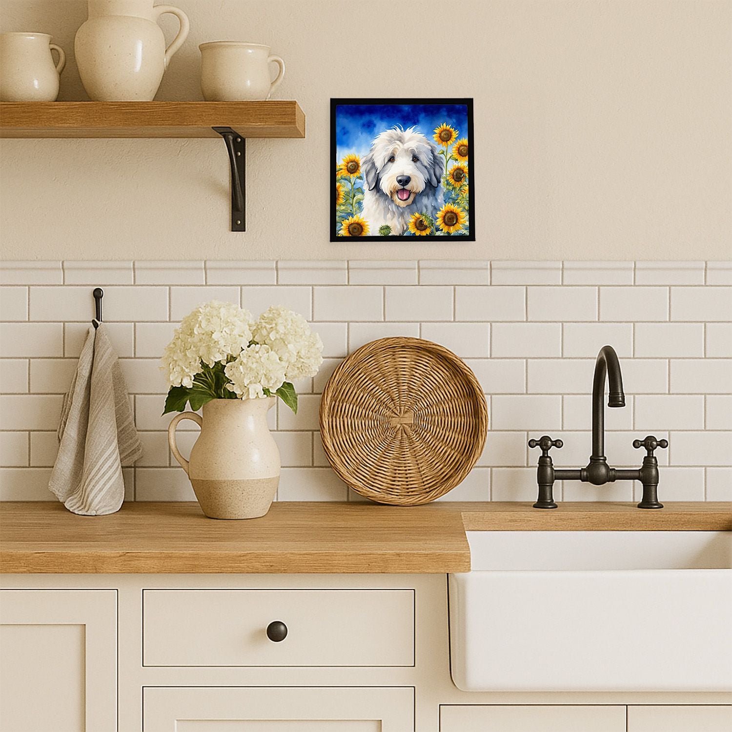Sheepdog in Sunflowers Metal Print Wall Art