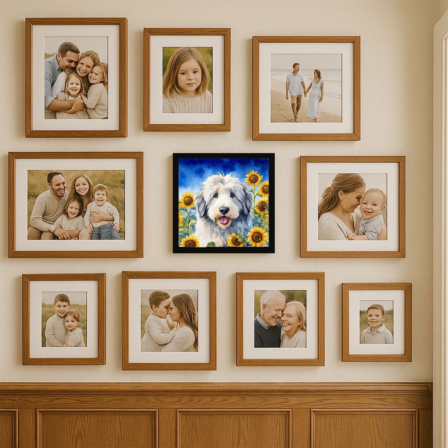 Sheepdog in Sunflowers Metal Print Wall Art