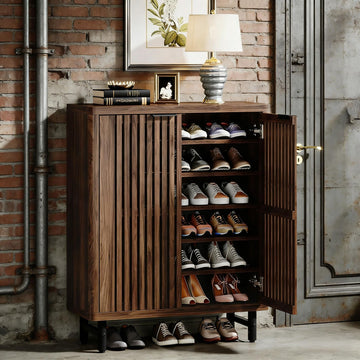 Breathable Shoe Cabinet with Louvered Doors and Adjustable Shelves