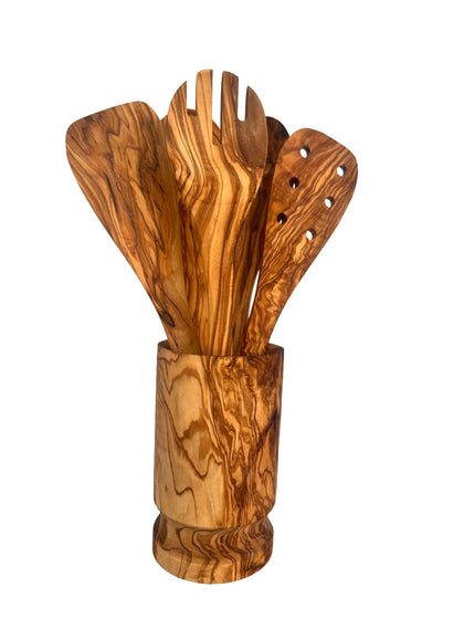Olive Wood Kitchen Utensil Set - 6 Piece Hand Carved Wooden Spoons and Spatula with Holder