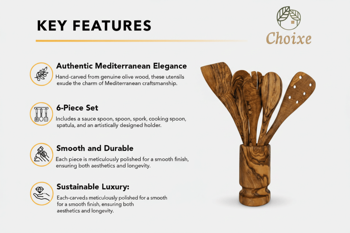 Olive Wood Kitchen Utensil Set - 6 Piece Hand Carved Wooden Spoons and Spatula with Holder