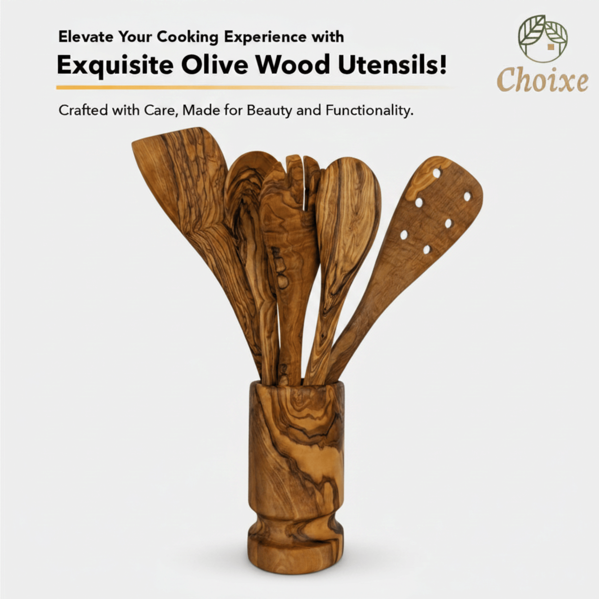 Olive Wood Kitchen Utensil Set - 6 Piece Hand Carved Wooden Spoons and Spatula with Holder