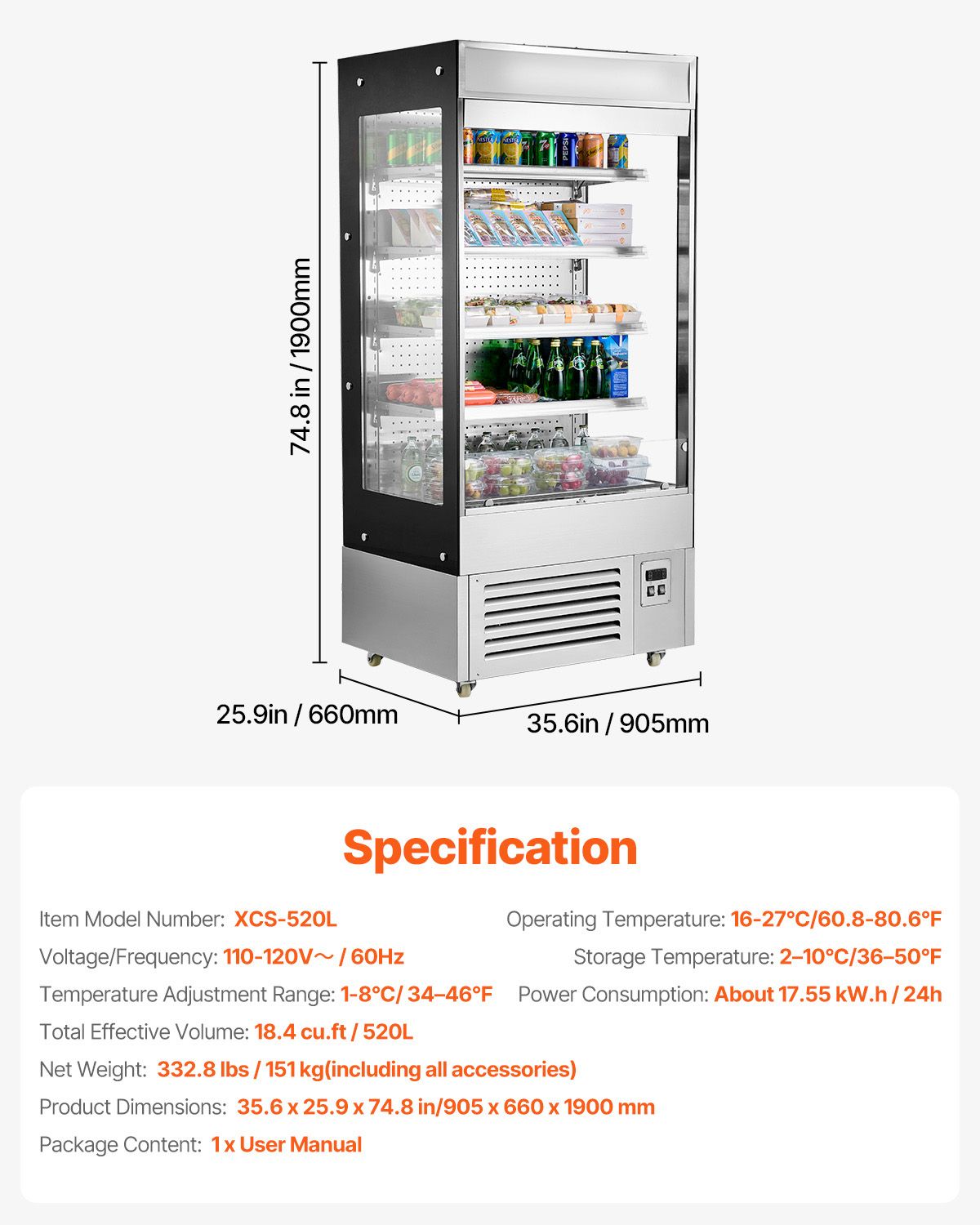 Open Air Merchandiser Commercial Refrigerator with Air Curtain and LED Display